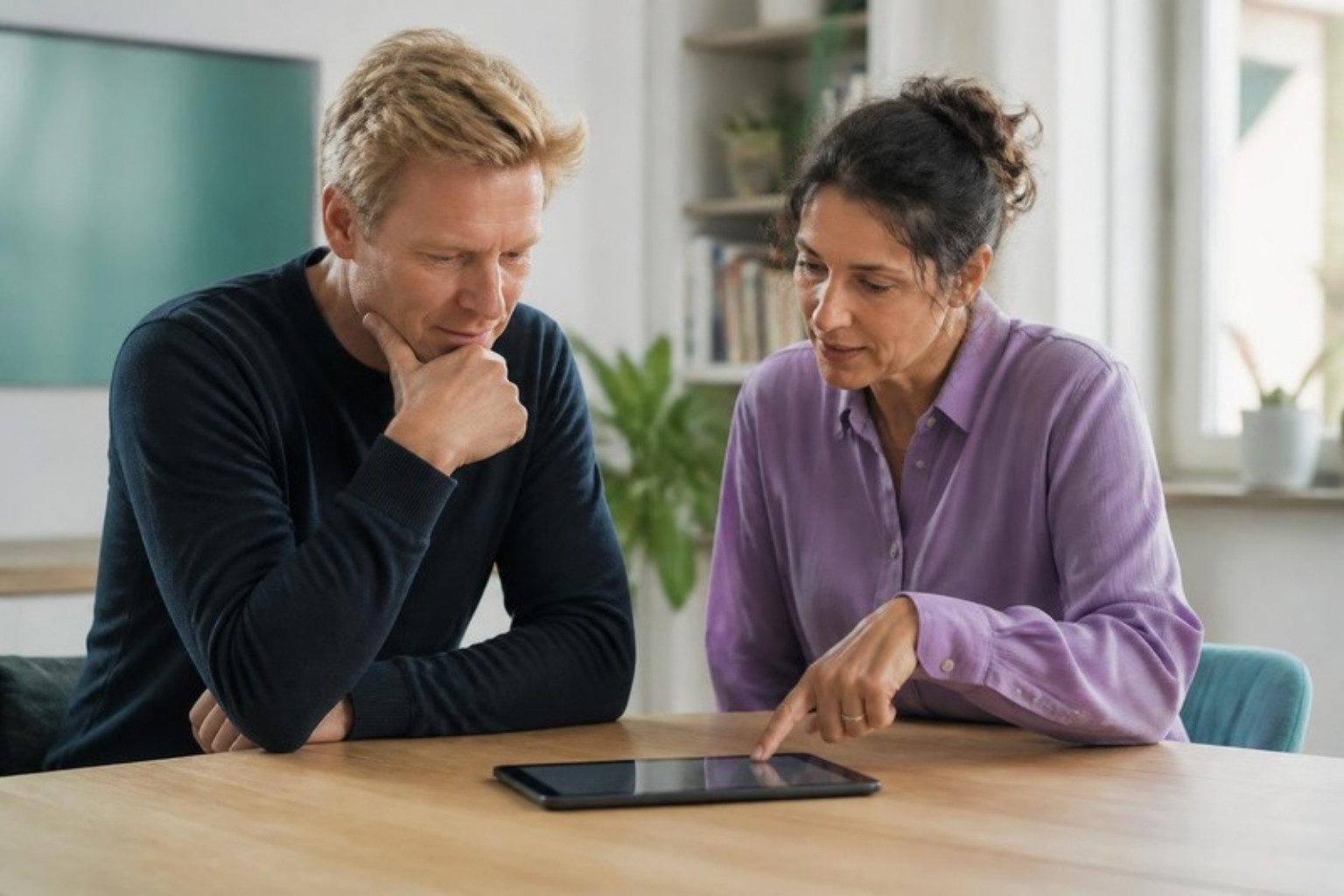 Mentoring in der Coachausbildung: Mentorin und Teilnehmer am Tablet